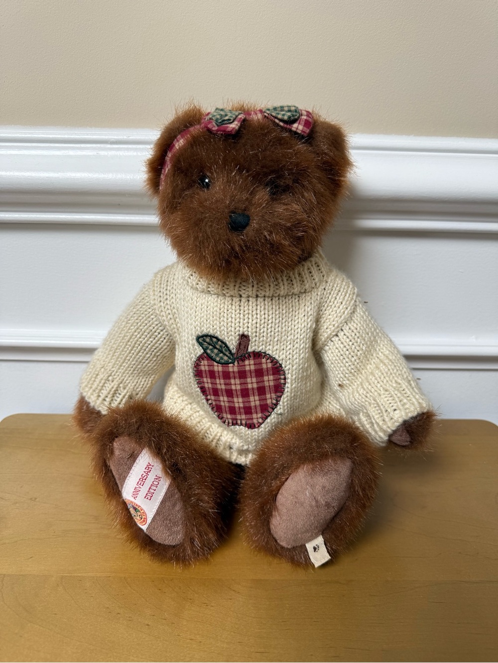 Boyds Bears Brown Plush Bear with Cream Knit Sweater and Red Plaid Apple